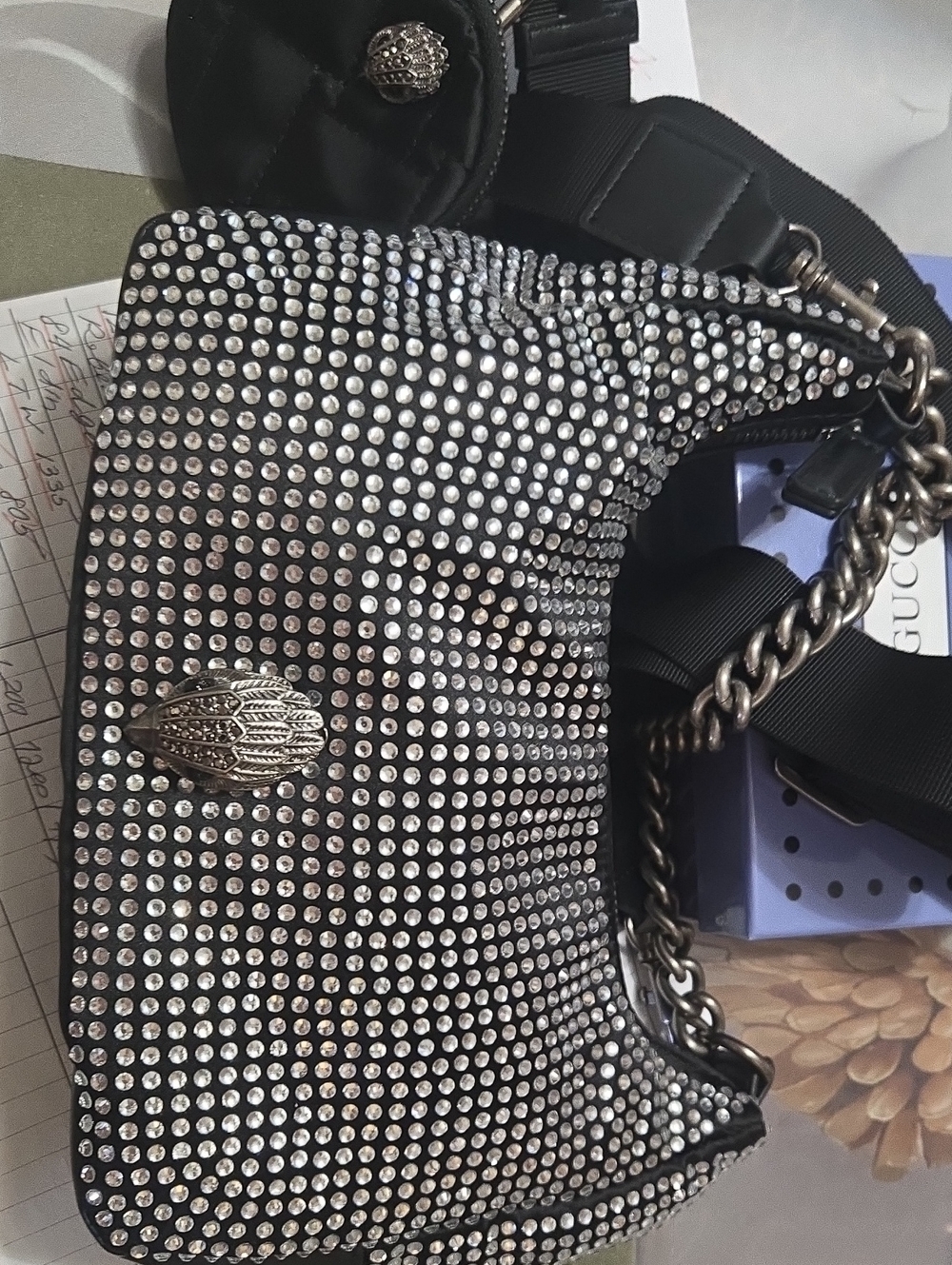 Kurt Geiger black and silver Crystals nylon Sholder Bag With Crossbody Strap.